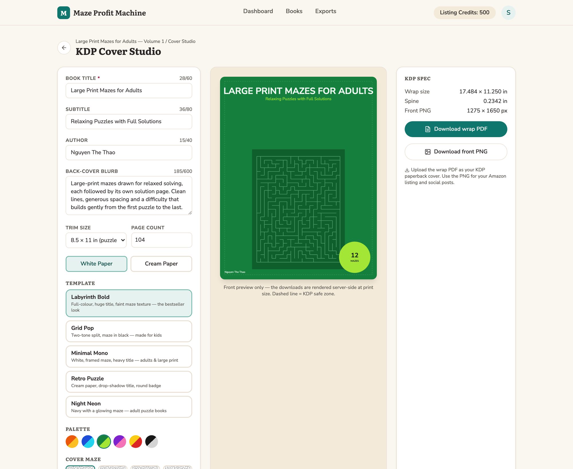 The KDP Cover Studio screen: title and blurb fields, template and palette pickers, a live front preview, and the KDP spec readout with download buttons