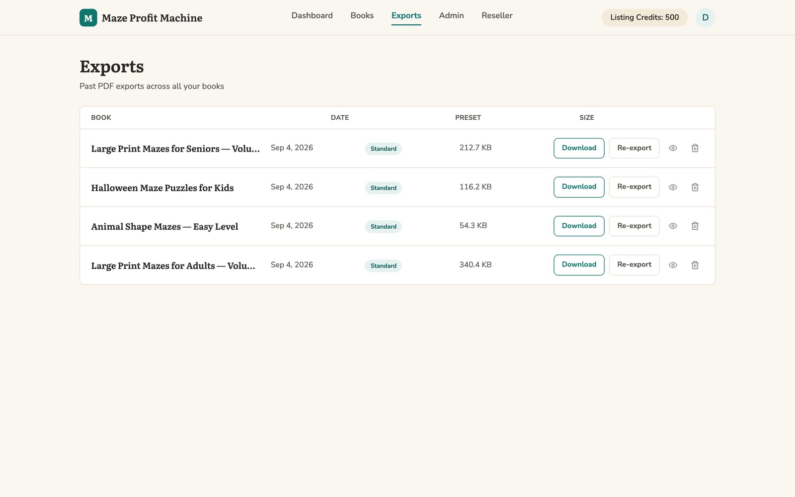 The exports screen listing a 24-page PDF ready to download