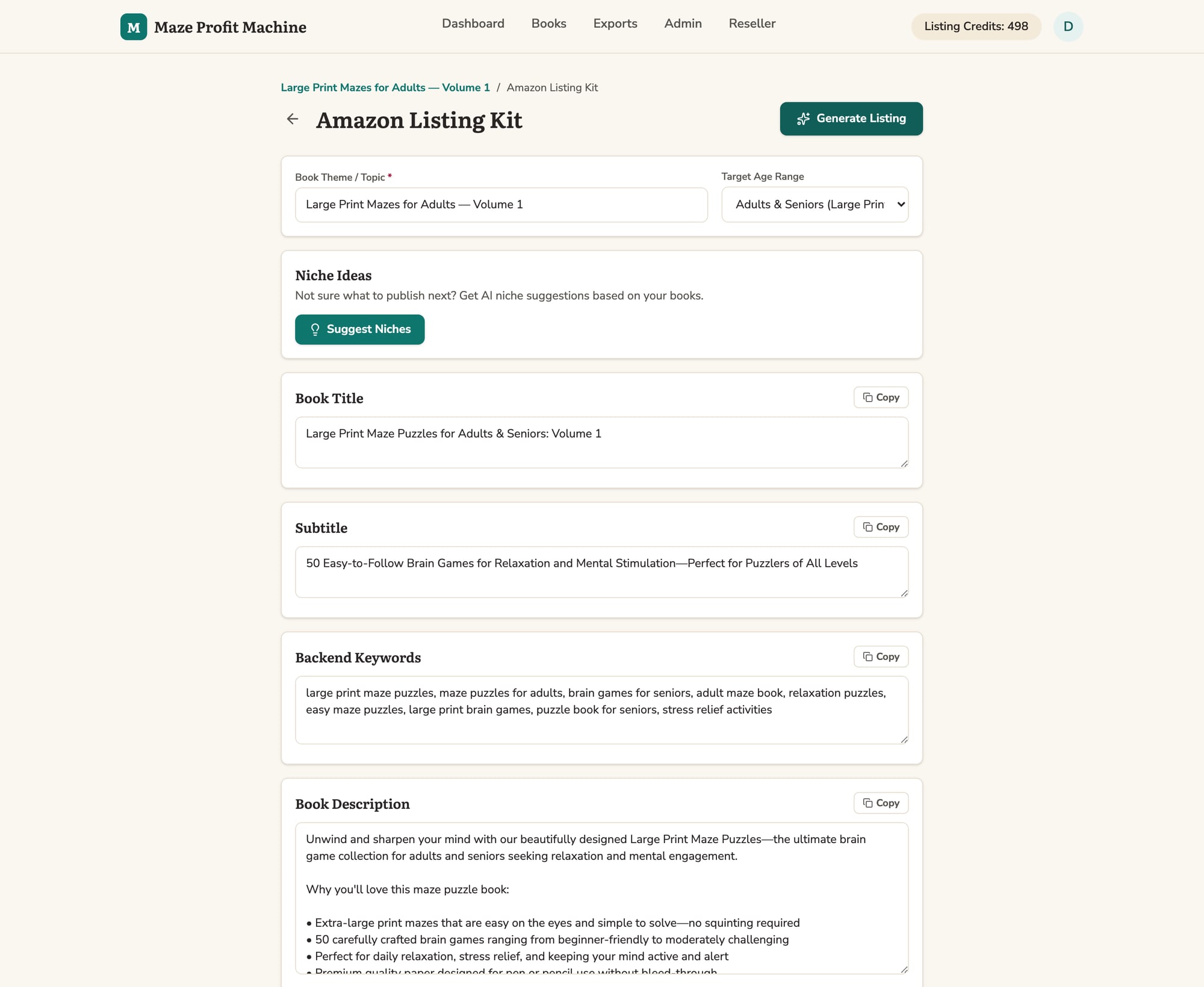 The Amazon Listing Kit screen showing a generated title, subtitle, keywords and description