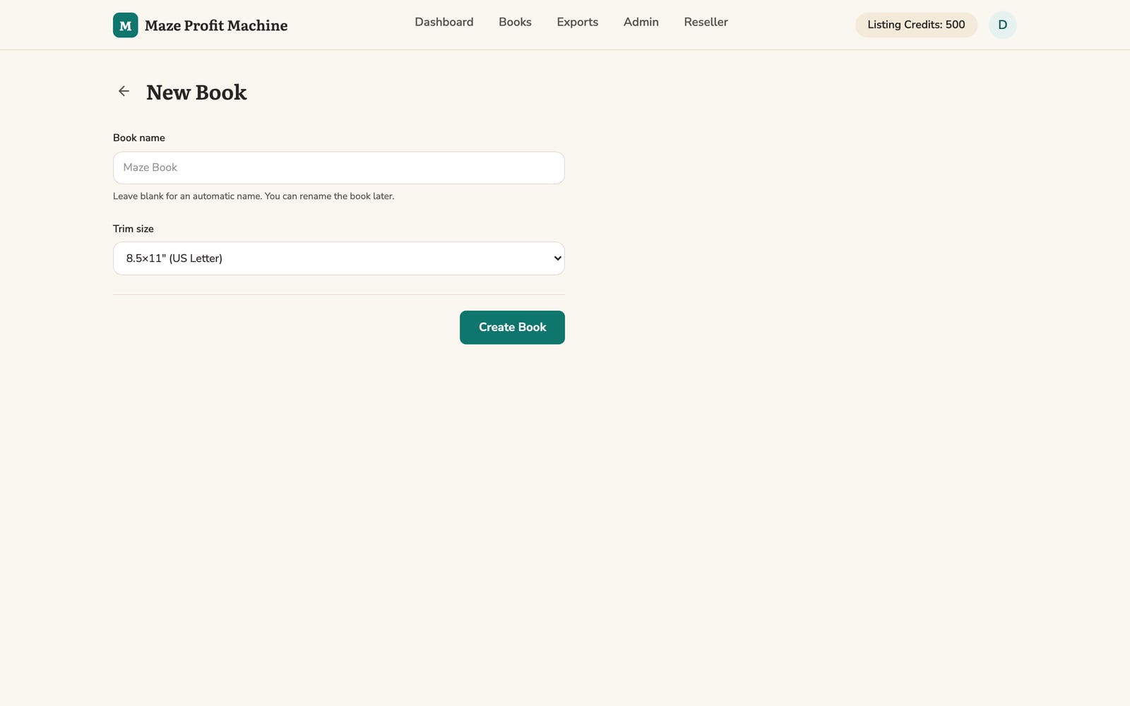 The new-book screen with a single title field