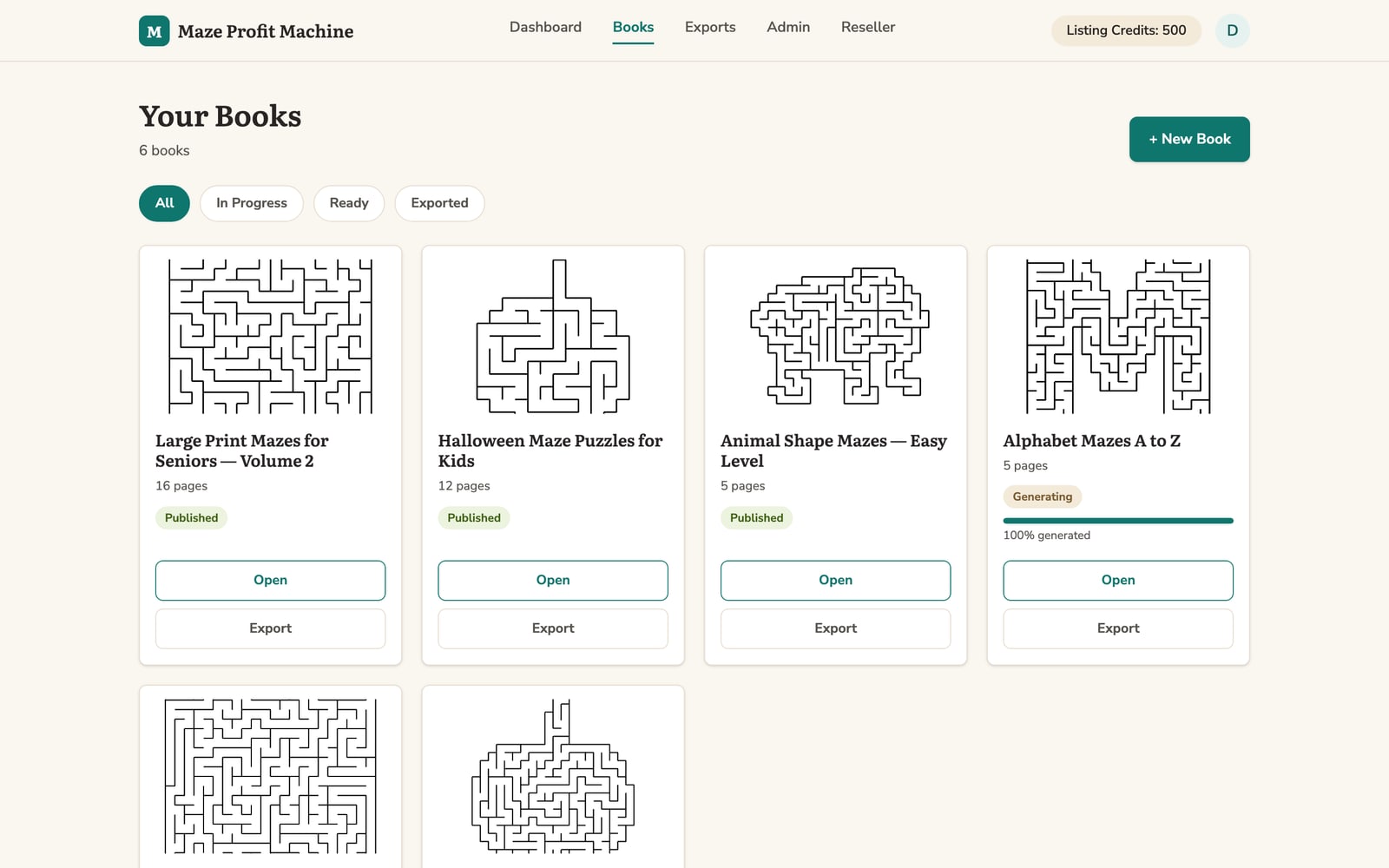 The projects list inside the app showing five maze books built in one session