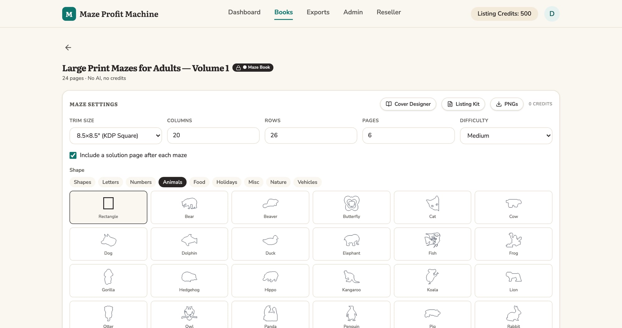 The grid settings and shape picker with the Animals tab open