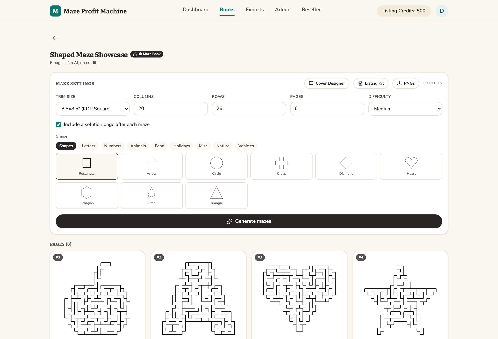 The editor showing a project of shaped mazes