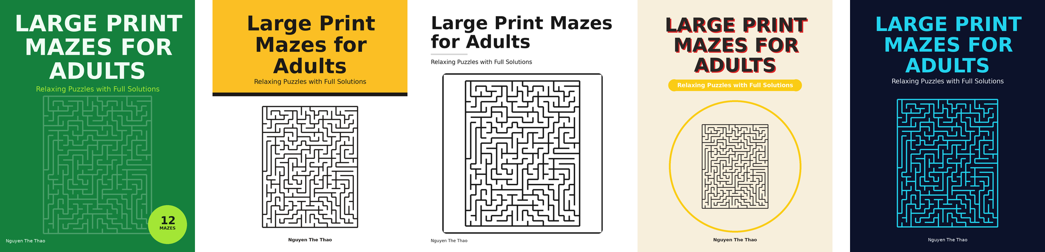 Five front covers of the same maze book, one in each template: Labyrinth Bold, Grid Pop, Minimal Mono, Retro Puzzle and Night Neon