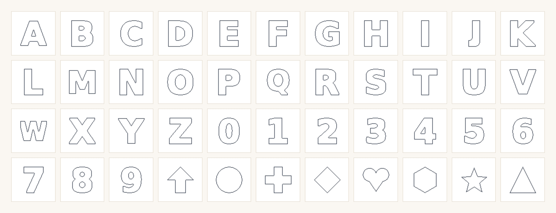 Gallery of the 44 free shape masks: letters, digits and geometric forms